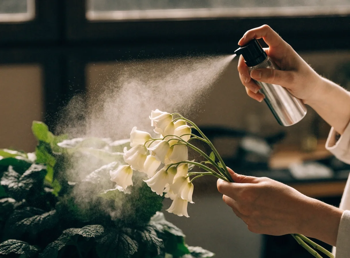 Clochettes de muguet avec rosée sur feuillage sombre
