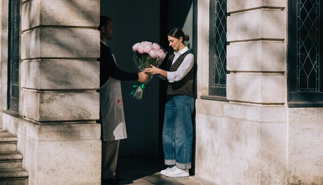 Établi d'artisan fleuriste avec bouquet en cours de montage