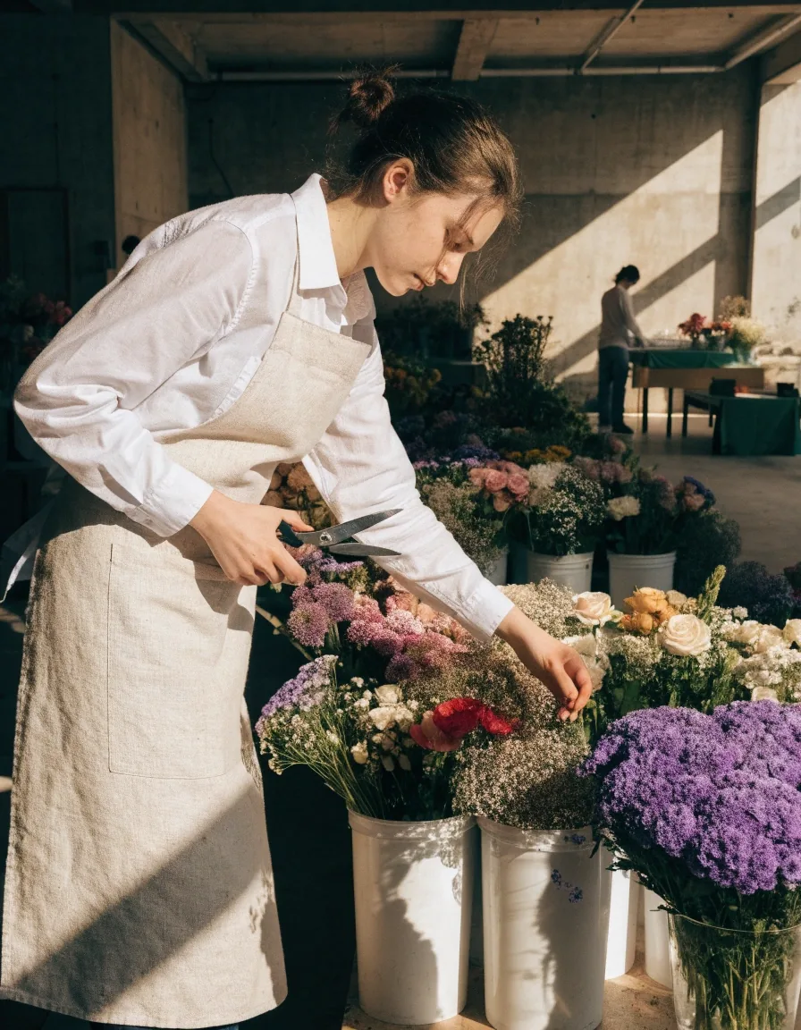 Mains d'artisan assemblant un bouquet de saison à l'atelier