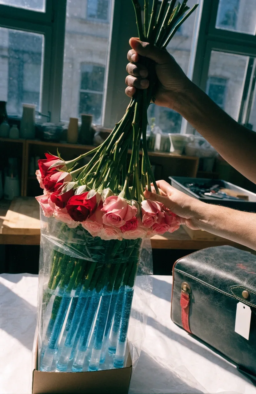 Remise d'un bouquet emballé sur le pas d'une porte ensoleillée