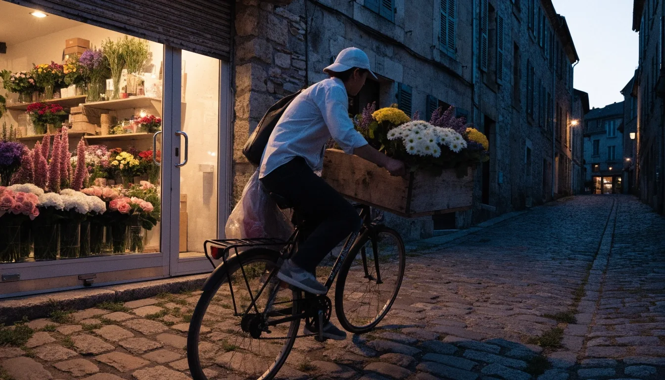 Véhicule de livraison florale au crépuscule dans une rue résidentielle