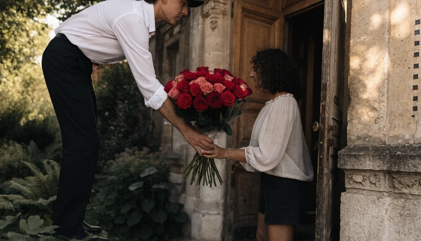 Mains d'artisan fleuriste composant un bouquet sur un établi clair