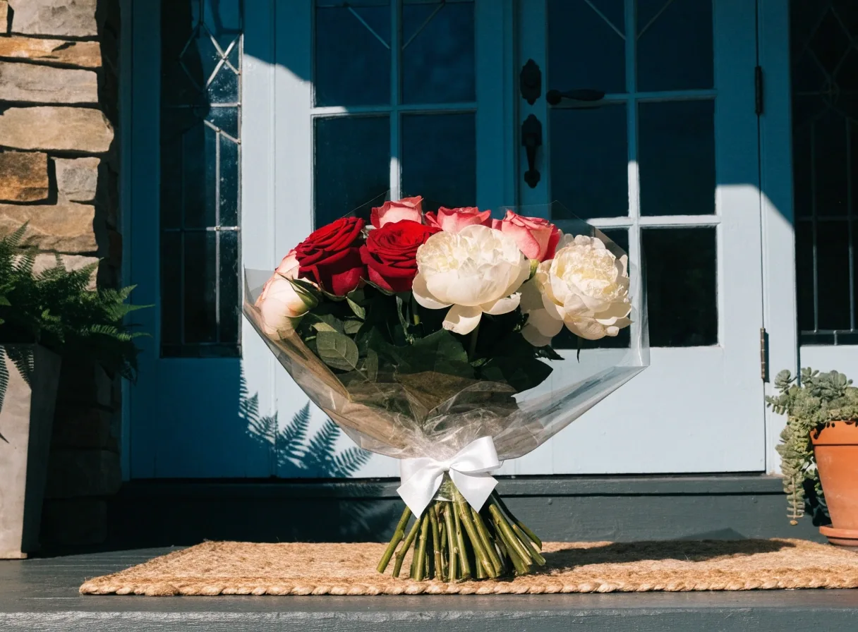 Remise d'un bouquet emballé sur le pas d'une porte d'entrée