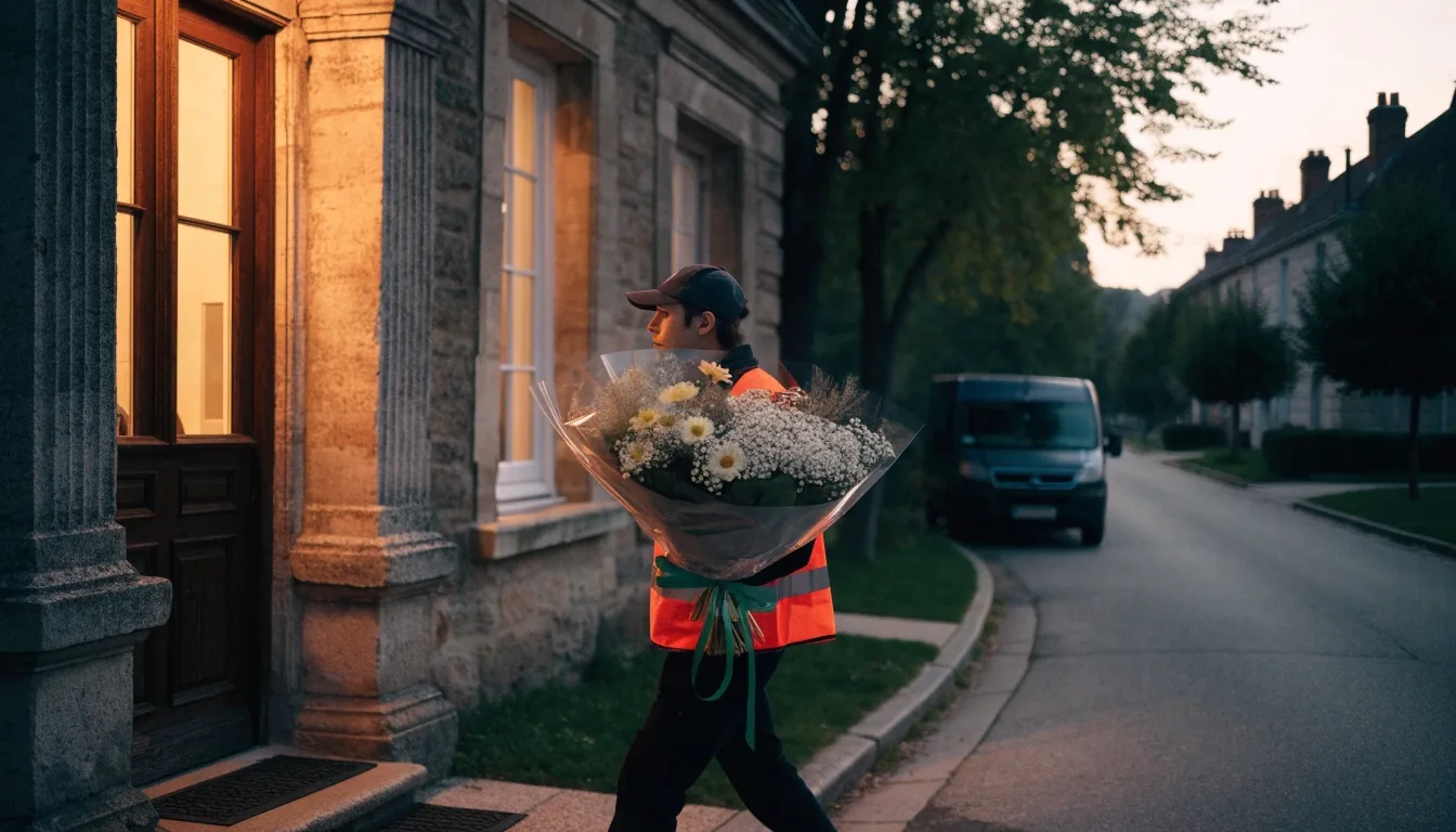 Véhicule de livraison de fleurs au crépuscule dans une rue résidentielle