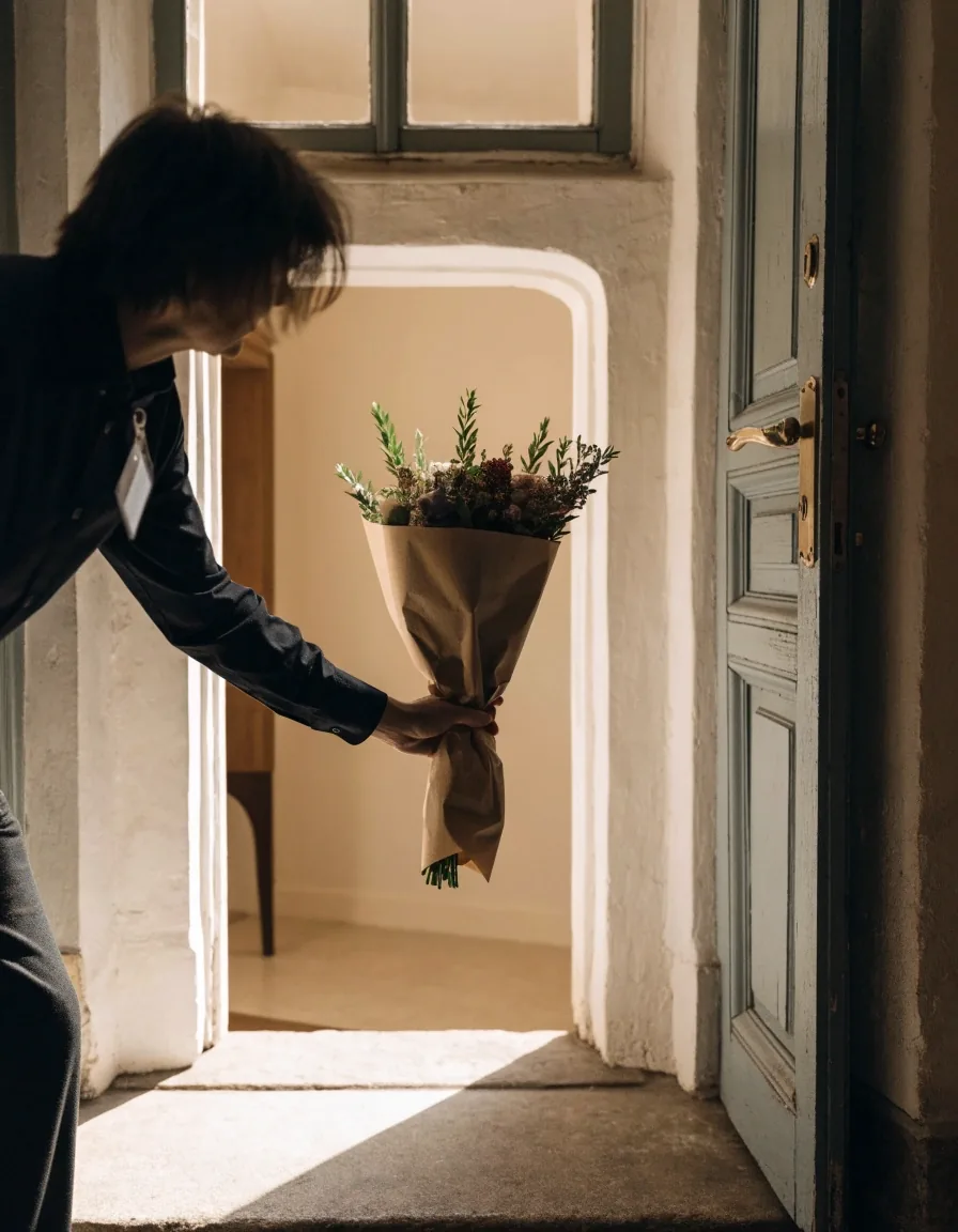 Bouquet emballé remis sur le pas d’une porte en pleine lumière