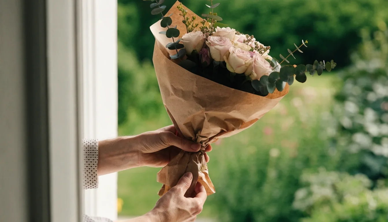 Mains de fleuriste assemblant un bouquet de saison sur un établi clair