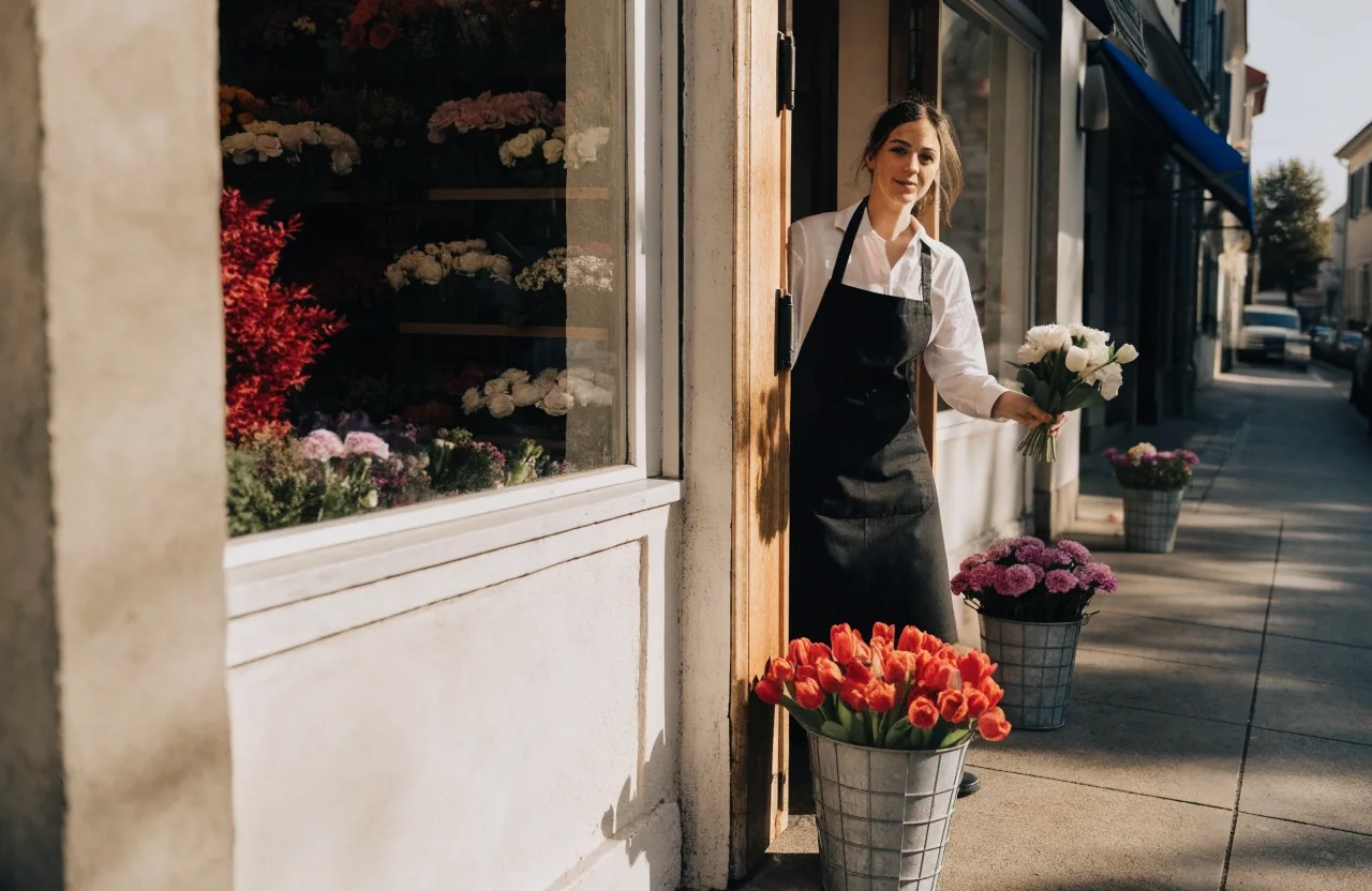 Mains enveloppant des tiges de fleurs dans du papier sur un établi