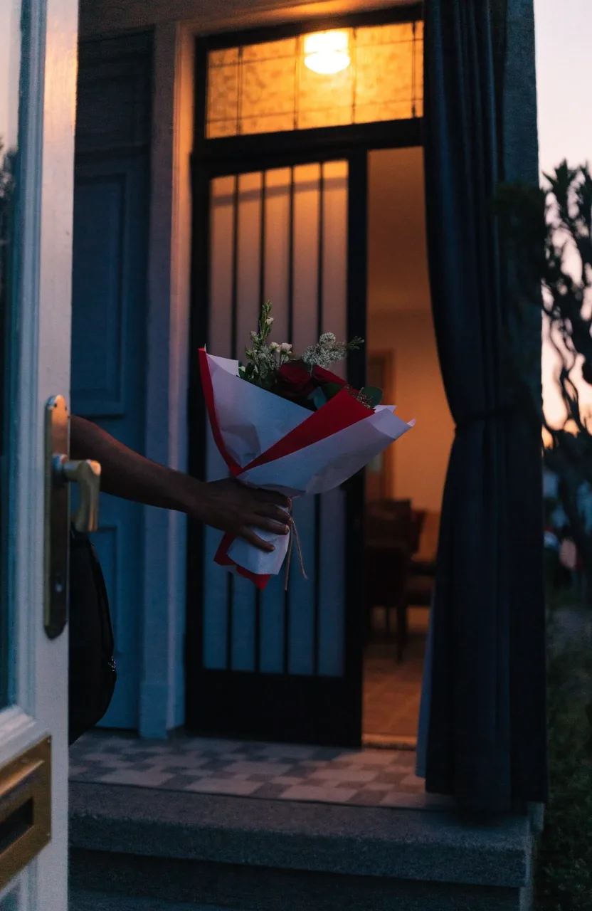 Fourgon de livraison fleurs portes ouvertes dans une rue résidentielle au crépuscule