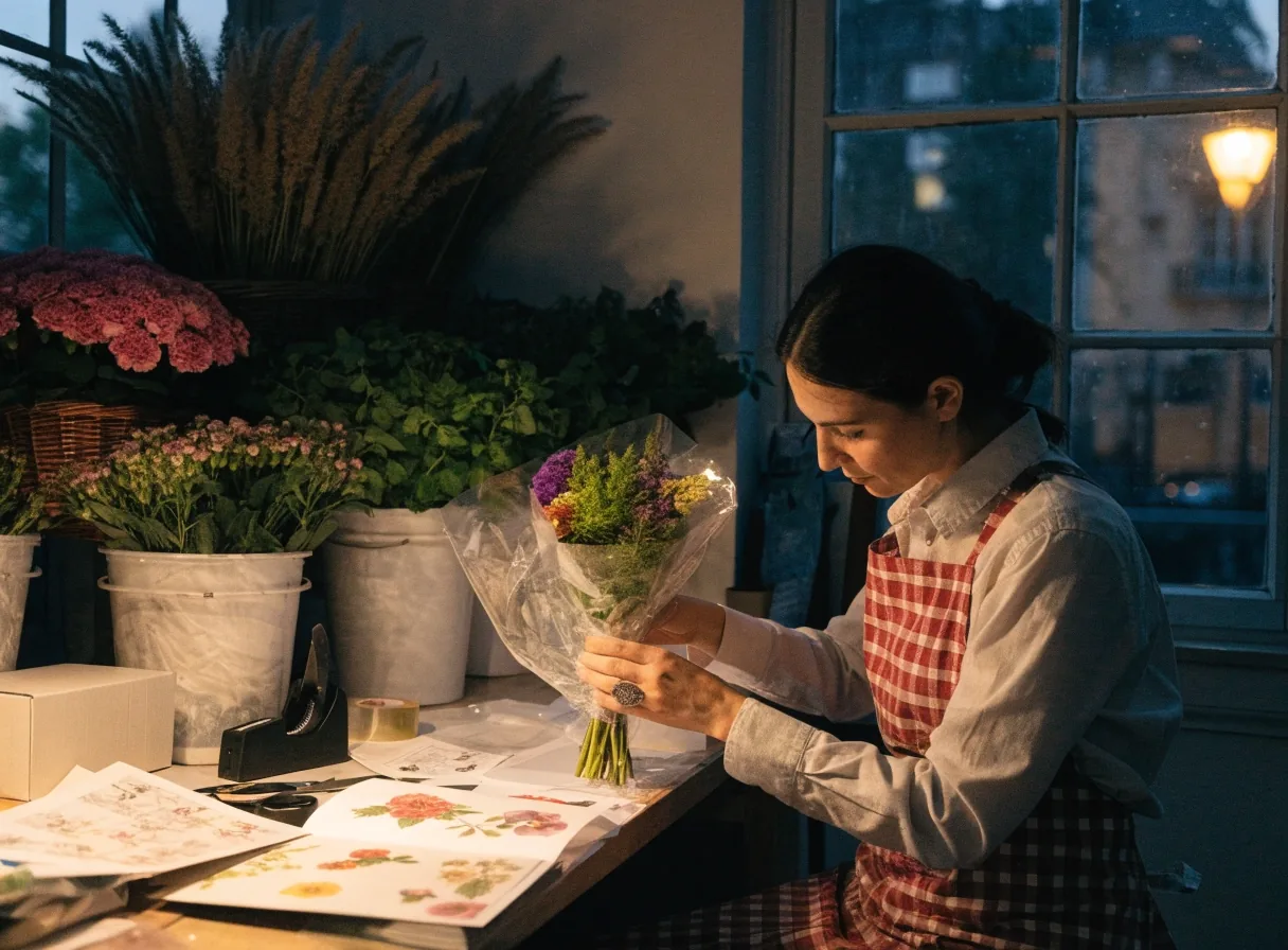Gros plan sur des mains attachant des tiges de saison à l'atelier