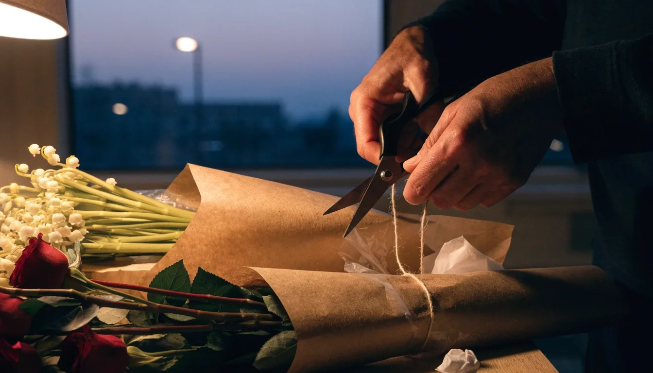 Mains de fleuriste préparant un bouquet du soir sur un établi clair