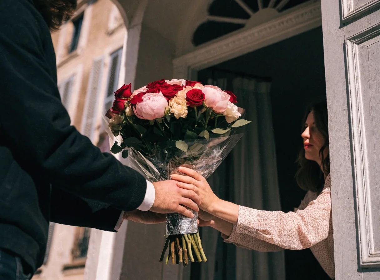 Remise d'un bouquet emballé sur le pas d'une porte en journée