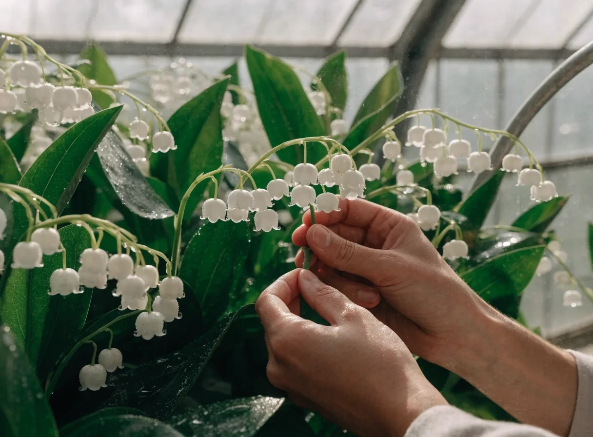 Clochettes de muguet frais sur feuillage vert
