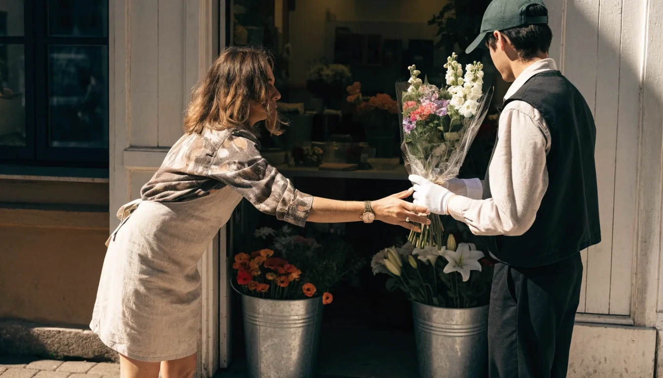 Mains d'un artisan fleuriste assemblant un bouquet de saison sur un établi clair