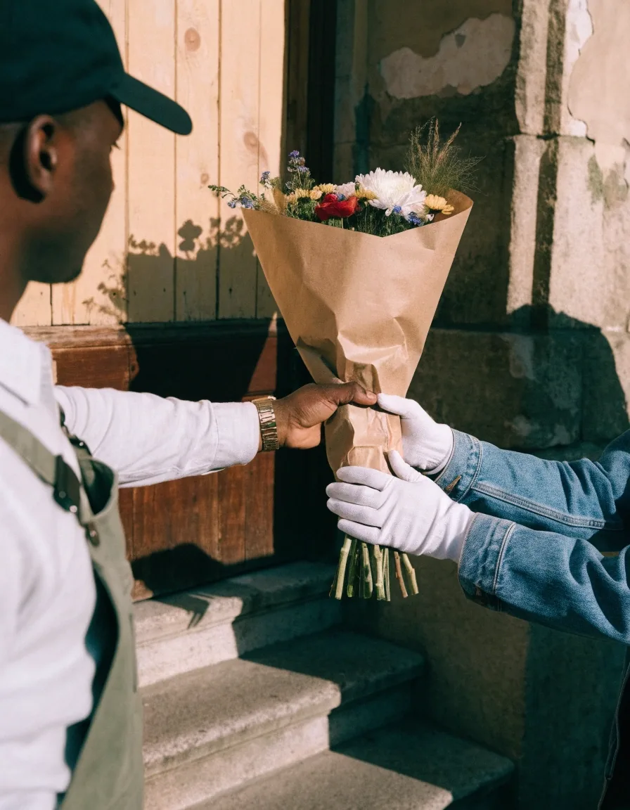Remise en main propre d'un bouquet sur le pas d'une porte