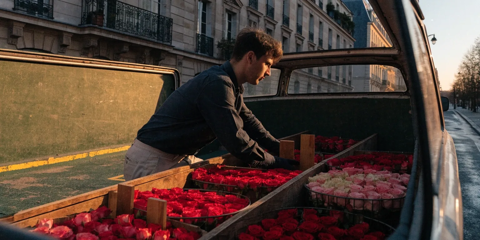 Véhicule d'artisan au crépuscule avec bouquets prêts pour la tournée