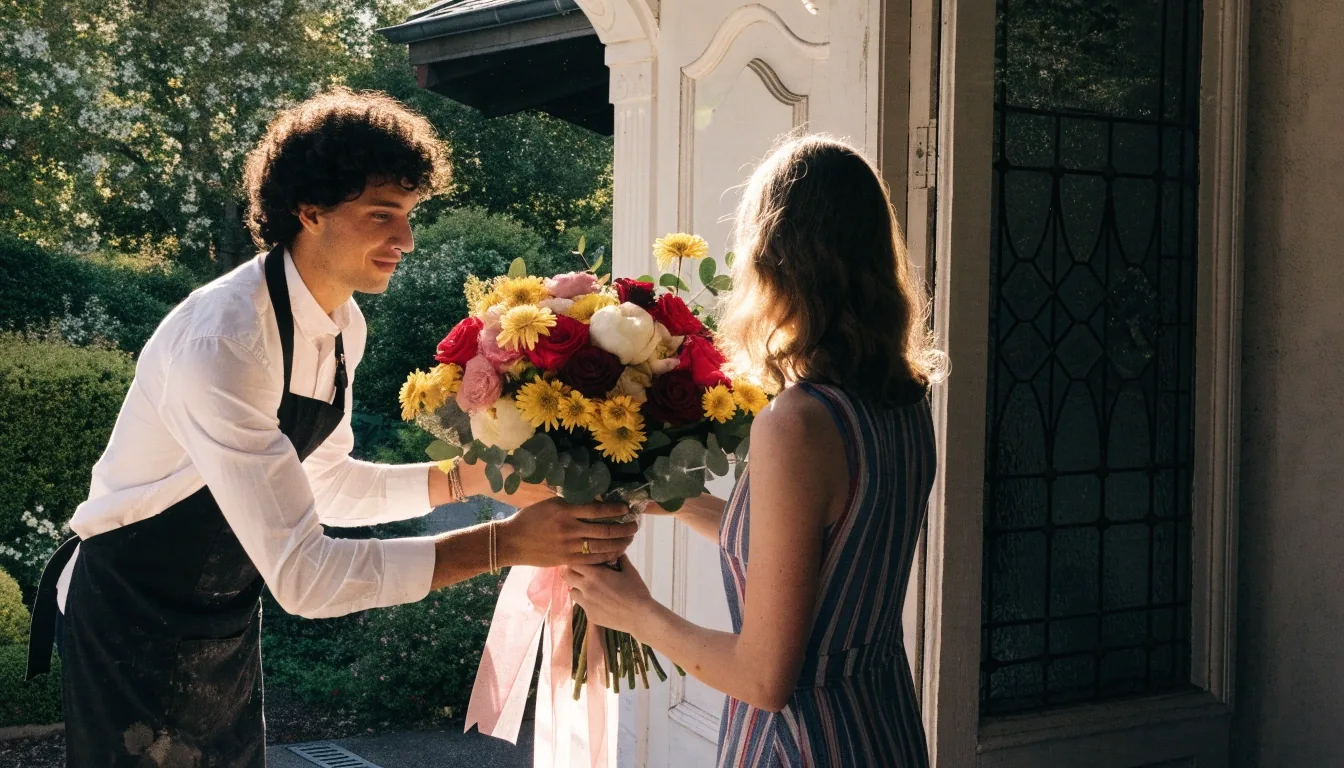 Camionnette de fleuriste chargée de bouquets colorés au crépuscule