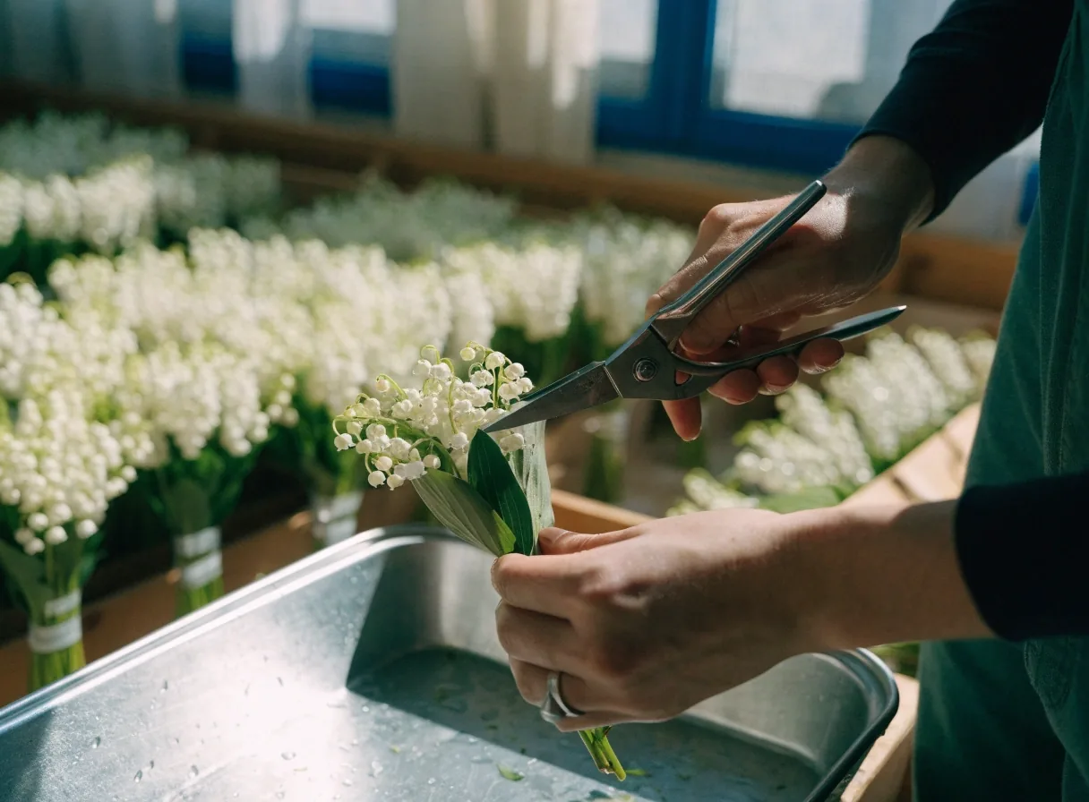 Finition manuelle d'une tige par un fleuriste à l'atelier