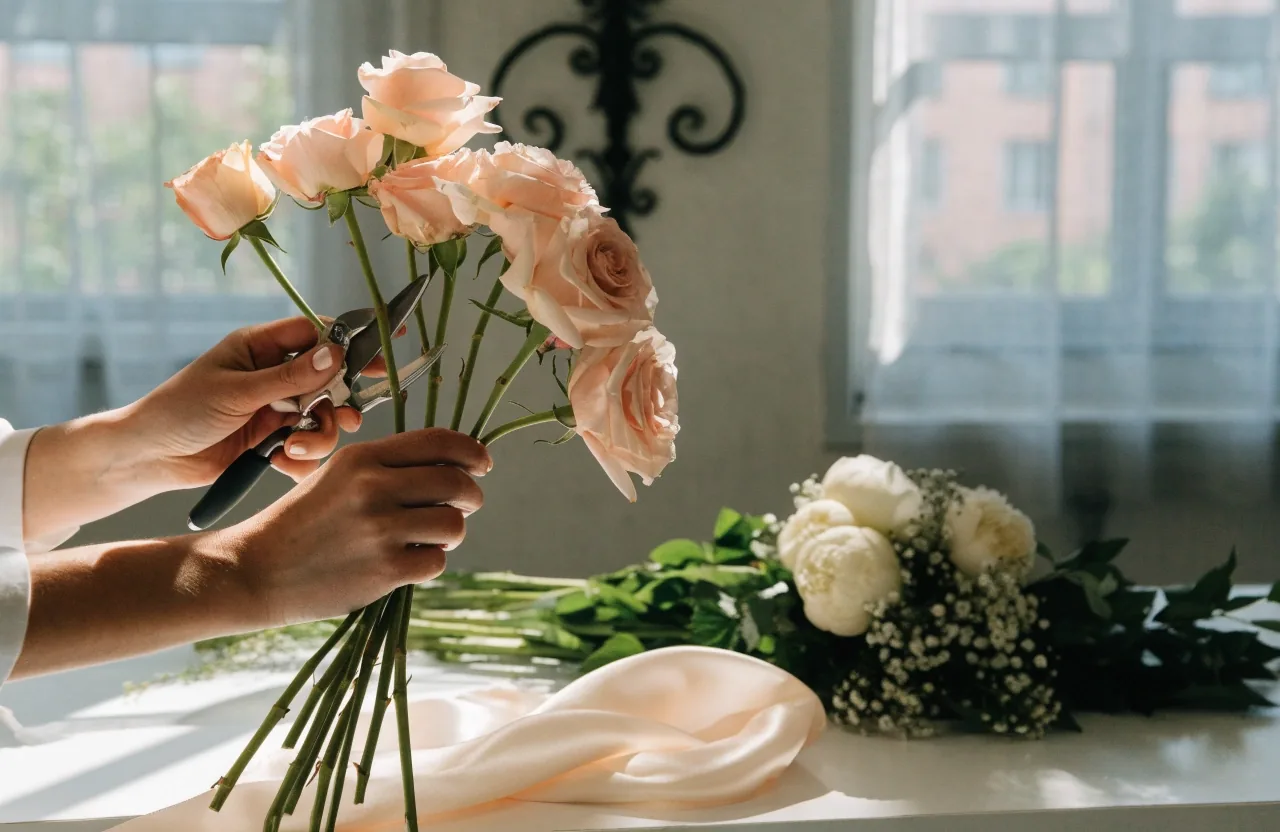 Mains de fleuriste assemblant un bouquet de mariage aux roses