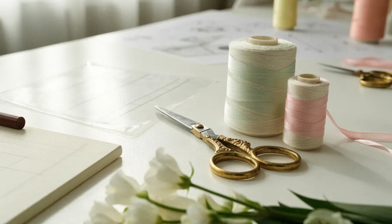 Atelier de fleuriste avec rubans et outils sur table claire