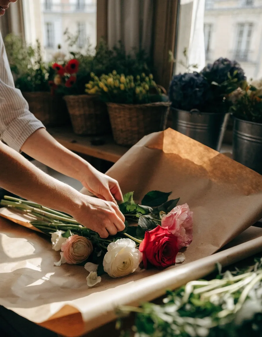 Mains d'artisan fleuriste emballant un bouquet sur un établi clair