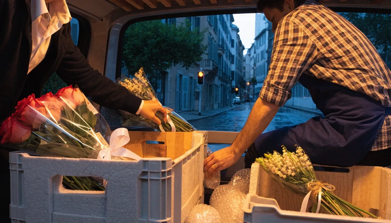 Fourgon de livraison de fleurs portes ouvertes au crépuscule dans une rue résidentielle