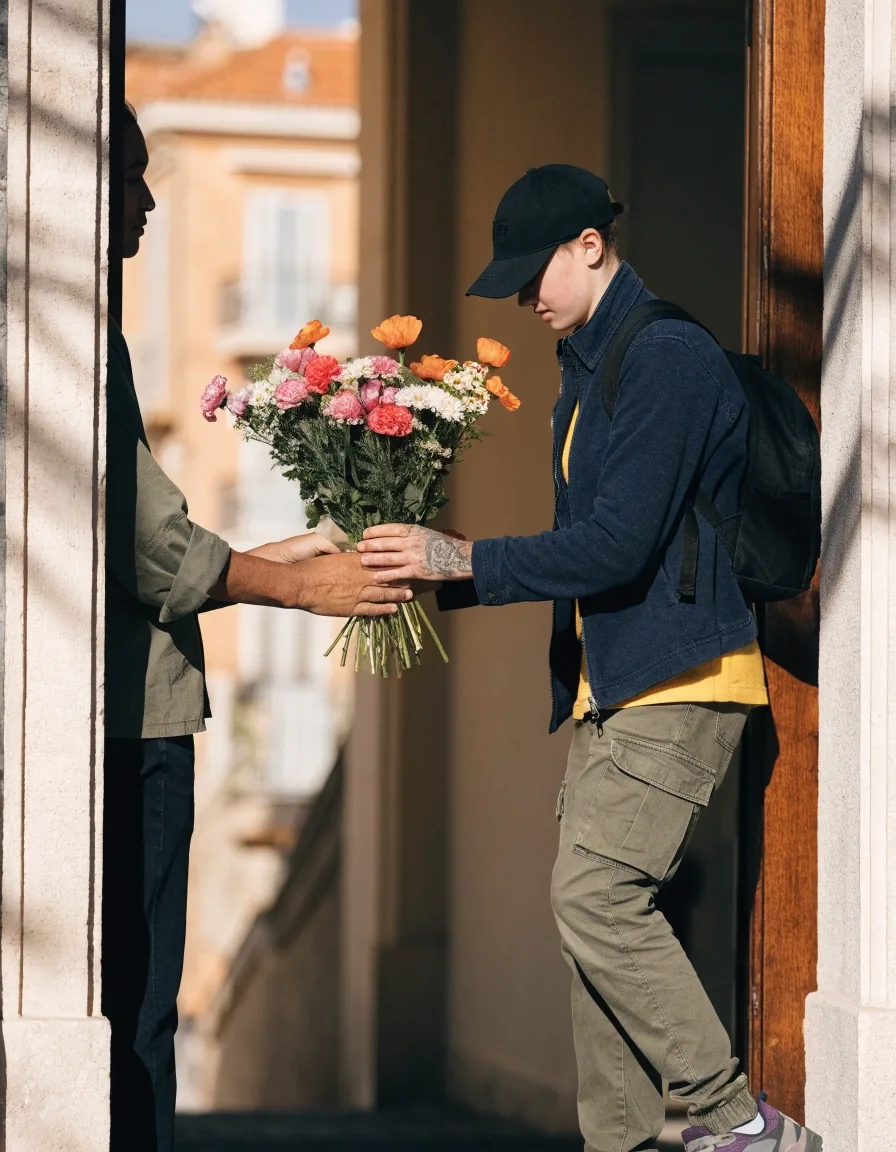 Gros plan sur une main attachant les tiges d'un bouquet