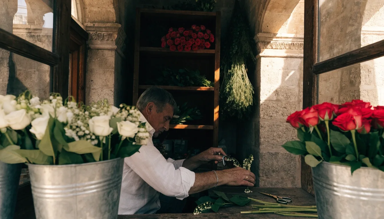 Mains d'artisan fleuriste assemblant un bouquet de saison sur un établi clair