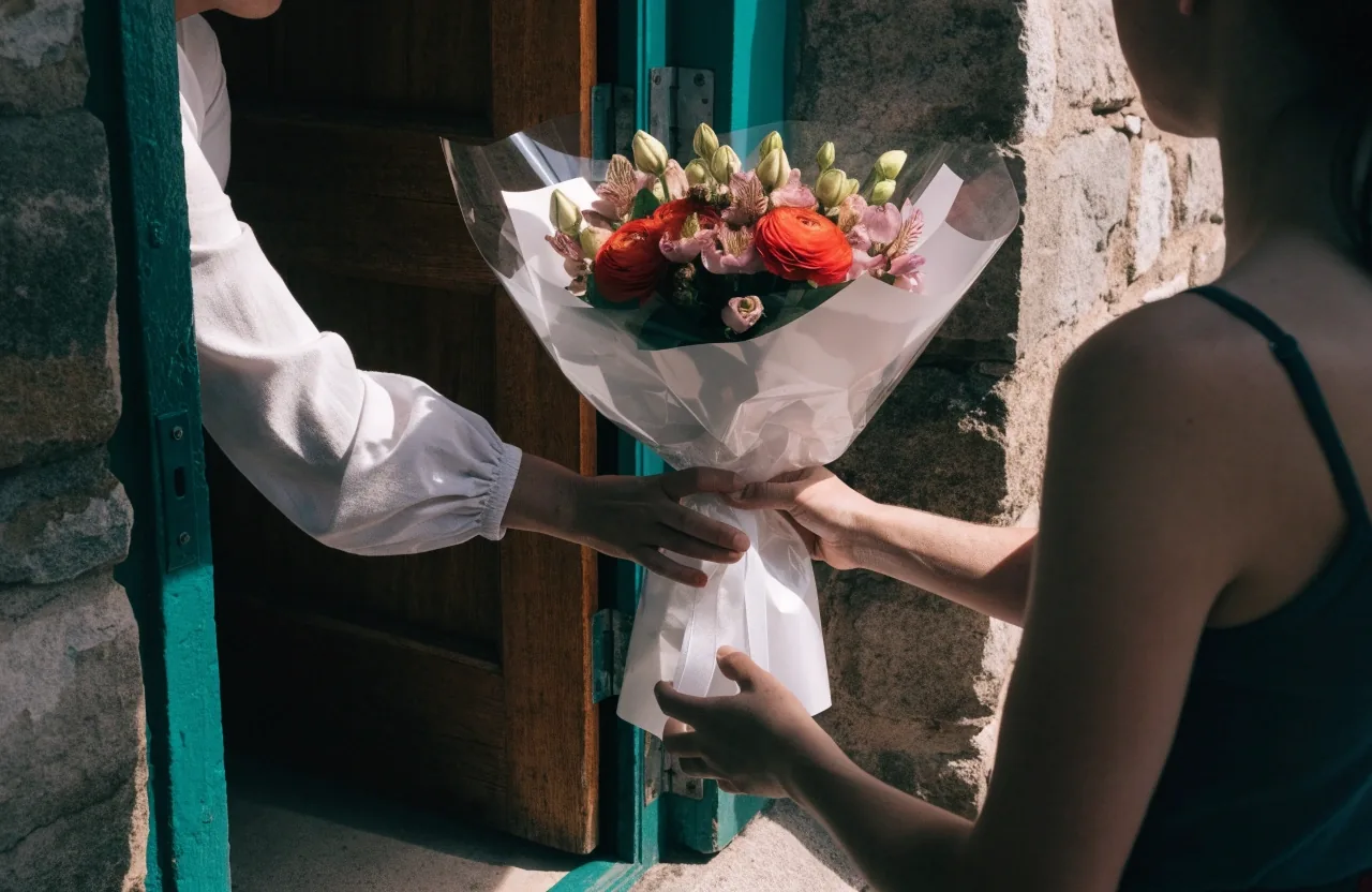 Remise d'un bouquet emballé sur le seuil d'une porte en plein jour