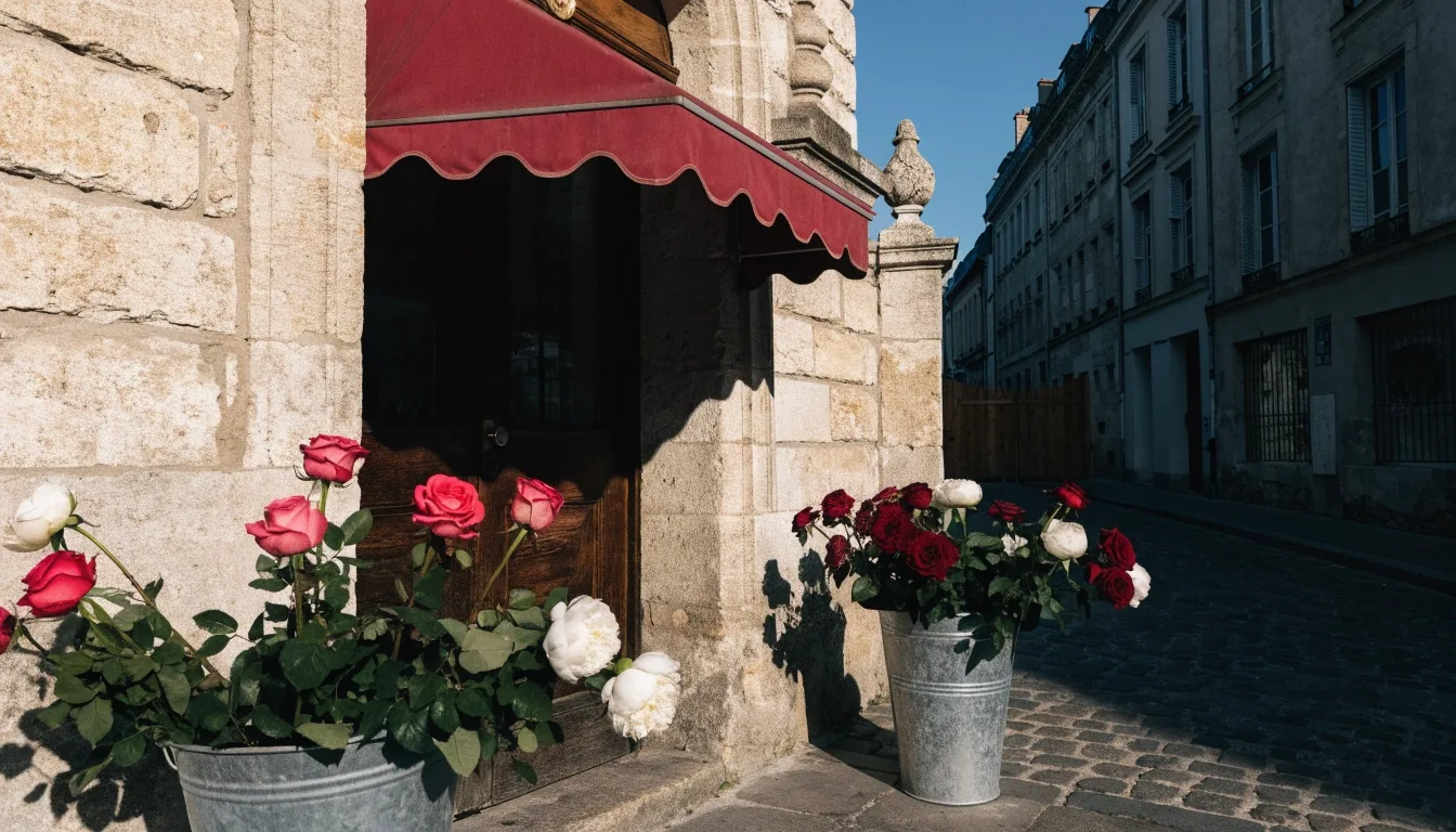Mains d'un fleuriste assemblant un bouquet sur un établi clair