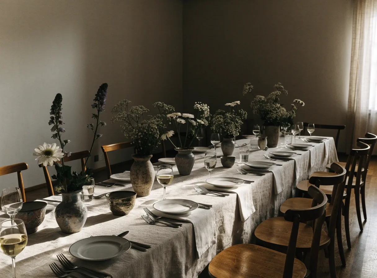 Table dressée avec compositions florales basses pour un événement