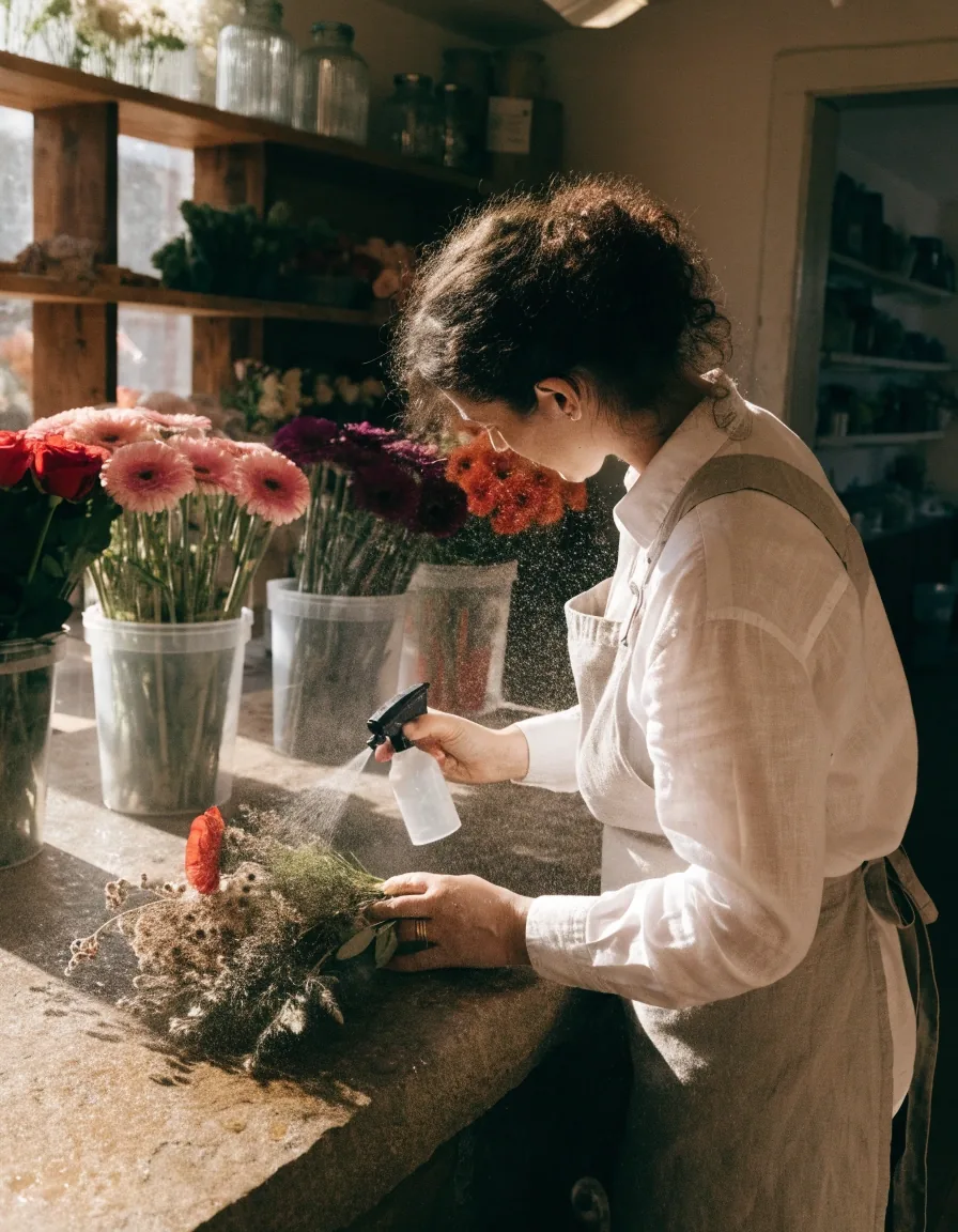 Artisan fleuriste composant un bouquet sur son établi