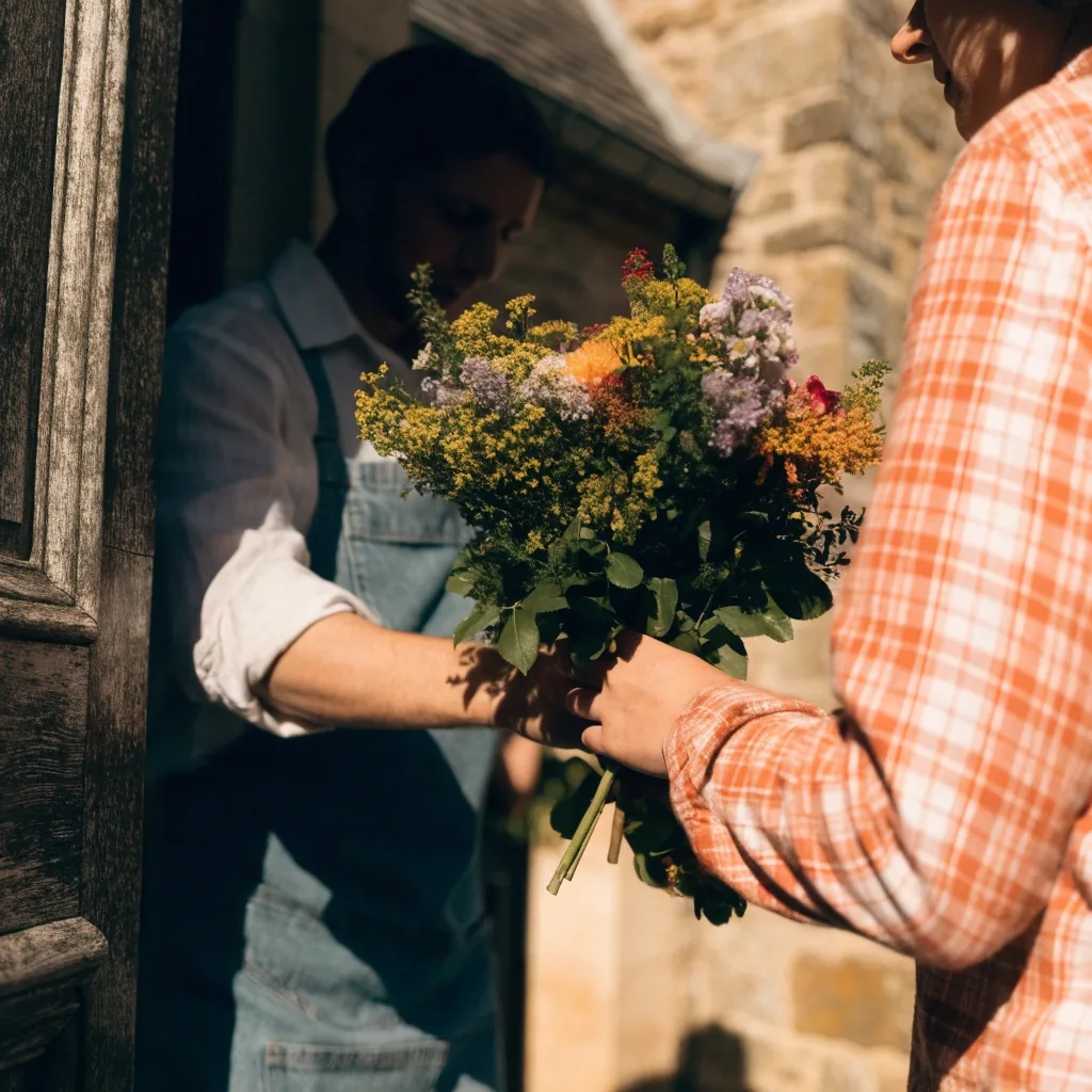 Remise d'un bouquet à la porte d'une maison en France