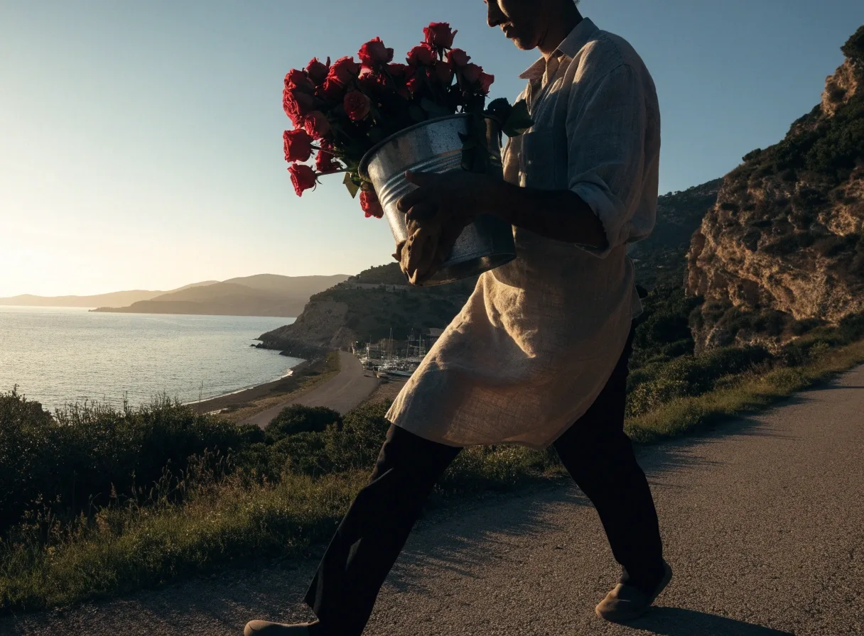 Route côtière au soleil couchant avec un seau de fleurs fraîches